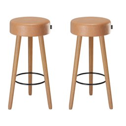 Kit 2 Banquetas Alta Paris Pé Madeira Bar Cozinha Espaco Gourmet Couro Pu Caramelo - 1