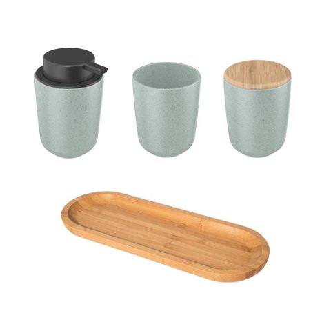 Kit para Banheiro em Cerâmica e Bambu ou 4 Peças Osaka - Cinza Marmorizado