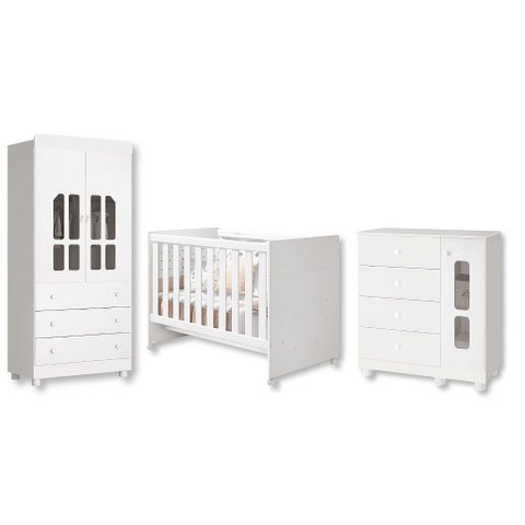 Quarto de Bebê Berço + Cômoda + Guarda Roupa Katatau Branco Fosco