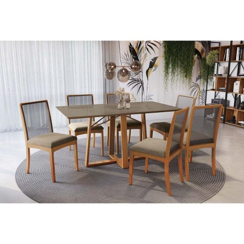 Sala Jantar Mesa Elma Premium Madeira Maciça C/ Tampo Madeirado C/ Vidro 160x90cm e 6 Cadeiras Lara