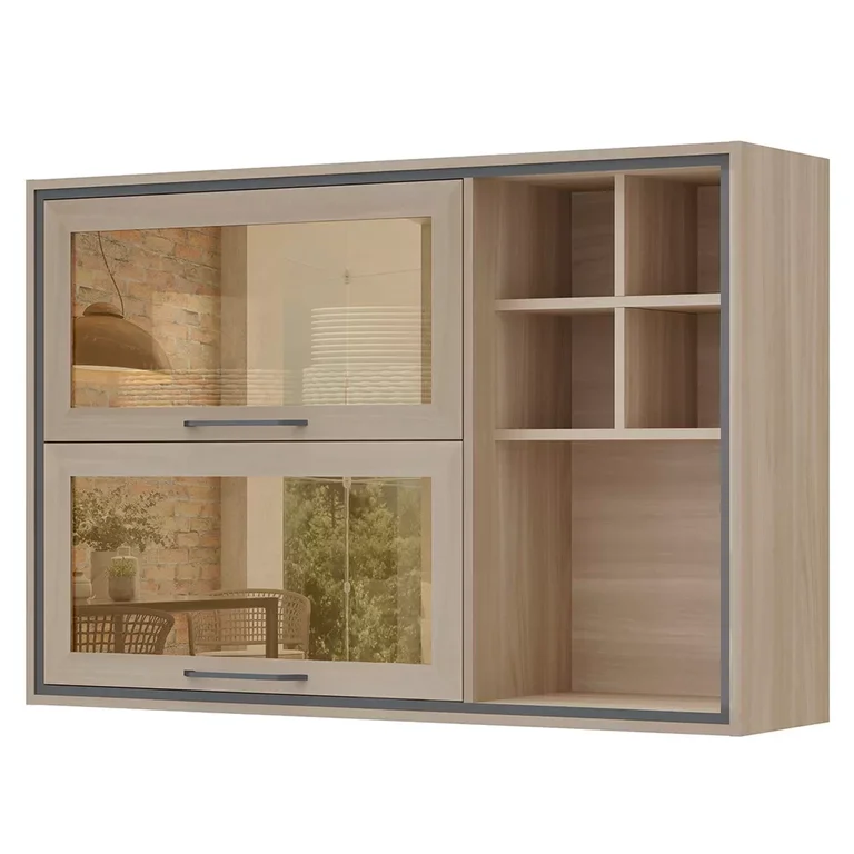 Armário Aéreo 2 Portas Vidro com Nichos Canela Thela