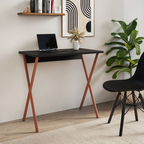 Escrivaninha X 80x46 para Home Office e Computador com Base em Ferro - Ferro Cobre Tampo Preto