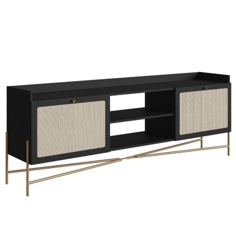 Rack 2 Portas Oslo Artesano 183 Cm (largura) Mdp Nero Palha Sintética Bege Pé Metal Dourado