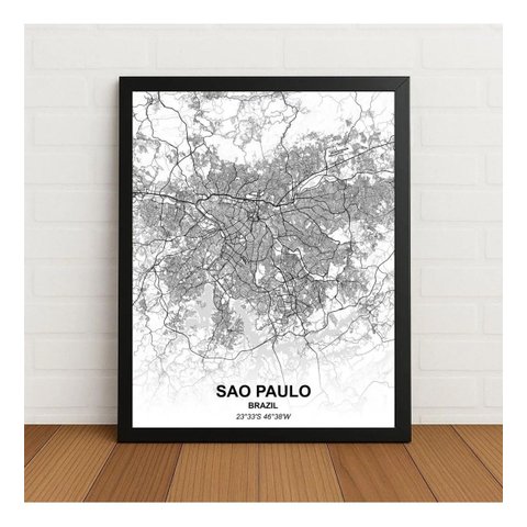 Quadro São Paulo City Map Minimalista 24x33cm com Vidro Preto