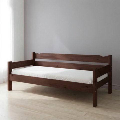 Sofá Cama Solteiro de Madeira Maciça com Colchão Castanho - Castanho
