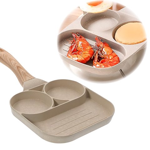 Frigideira Antiaderente sem Uso de Óleo 3 Divisórias Panela Omeleteira Cor Bege