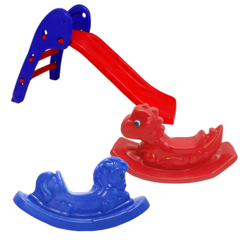 Kit Infantil Parquinho Escorrega Pequeno + Gangorra Cavalo e Gangorra Dinossauro