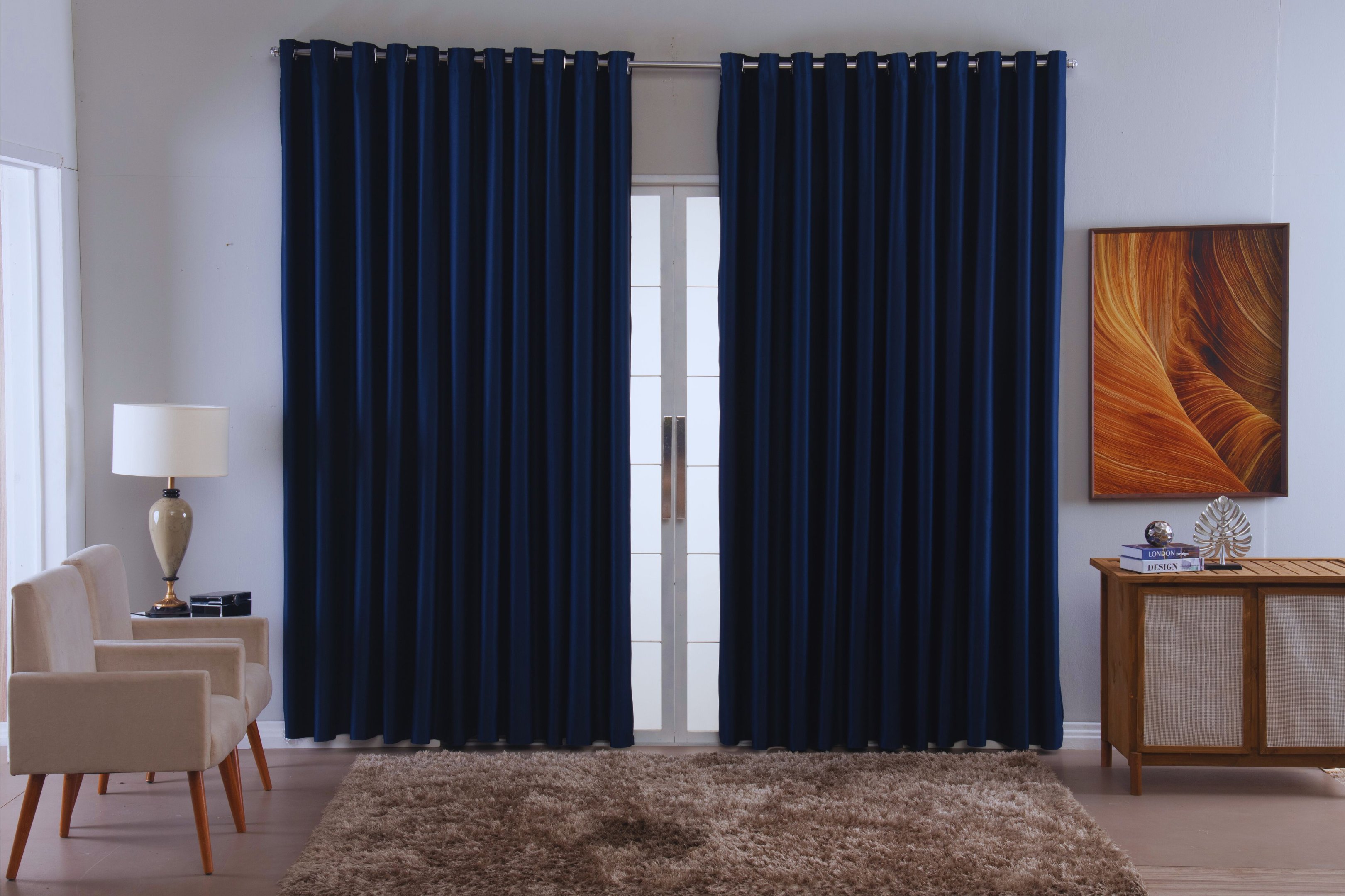 Cortina para Sala Quarto Blackout Tecido 5,00x2,80 Ellegance:azul Escuro