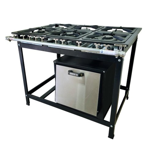 Fogão Baixa Pressão 6 Bocas Alcazon com Forno 75 Litros Tampa Inox Acz-005+aczf-003