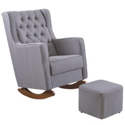 Kit Poltrona Amamentação Balanço e Puff Linho Quarto Bebê:cadeira Alta Linho Cinza - 1