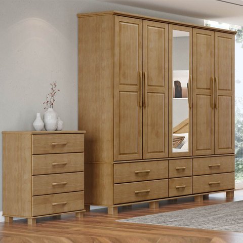 Conjunto Quarto: Guarda-roupa Casal 5 Portas 6 Gavetas, Cômoda 4 Gavetas Freijó Ouro Madeira Pinus -