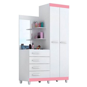 Guarda roupa solteiro com Espelho 2 portas 4 gavetas Melissa ACP Móveis Branco/Rosa ACP MÓVEIS