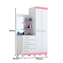 Guarda roupa solteiro com Espelho 2 portas 4 gavetas Melissa ACP Móveis Branco/Rosa ACP MÓVEIS - 7