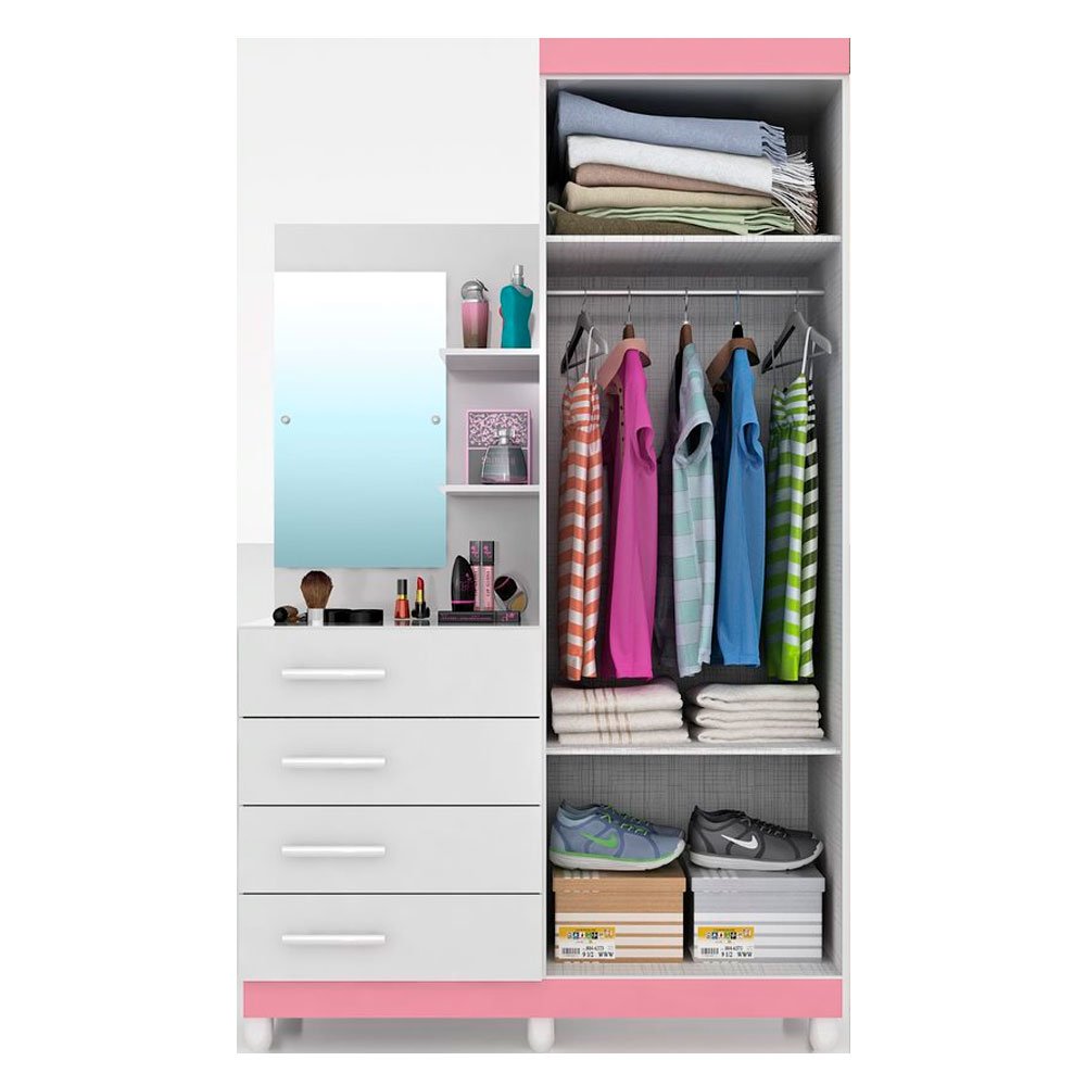 Guarda roupa solteiro com Espelho 2 portas 4 gavetas Melissa ACP Móveis Branco/Rosa ACP MÓVEIS - 2