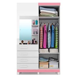 Guarda roupa solteiro com Espelho 2 portas 4 gavetas Melissa ACP Móveis Branco/Rosa ACP MÓVEIS - 2