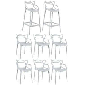 Kit 6 Cadeiras e 2 Banquetas Altas Masters Allegra - Cinza Claro