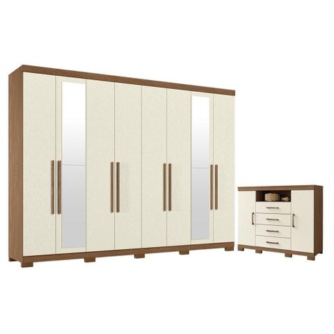 Guarda Roupa Casal Master New 8 Portas 4 Gavetas MDP com Espelho Cômoda Havana Jatobá Areia