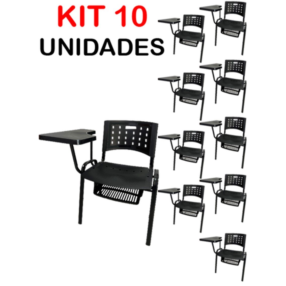 KIT 10 Cadeiras Universitárias Preta com Porta Livros plástico