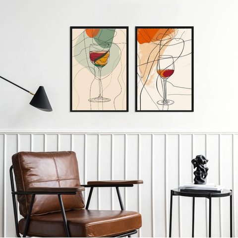 Kit 2 Quadros Vinhos - Linhas Abstratas 24x18cm:moldura Branca