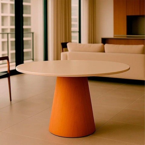 Mesa de Jantar Tampo em MDF com Vidro e Base em Madeira 110cm Araçá Branco/Off-White