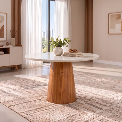 Mesa de Jantar Tampo em MDF com Vidro e Base em Madeira 110cm Araçá Branco/Off-White