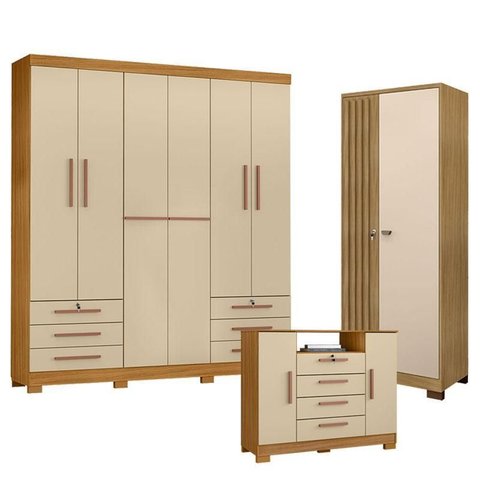 Guarda Roupa Casal Londres com Cômoda Madri e Armário Multiuso Versatile Carvalho Americano Off