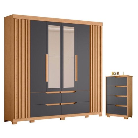 Guarda Roupa Casal Doble com Espelho 06 Portas e Cômoda Sole Flex Freijo Titanium - Móveis Albatroz