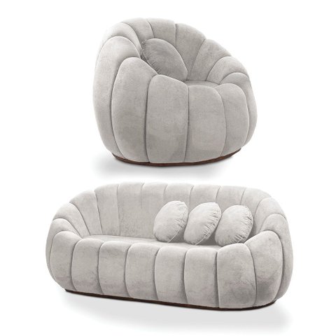 Sofá 2 Lugares com Poltrona Giratória Orgânica Cloud Bouclê Cinza Claro E03 - D’Rossi