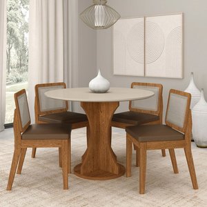 Mesa Redonda Andria 4 Cadeiras Sextavadas Freijó/off/c.caramelo - M.a Freijó/off Pre/corino