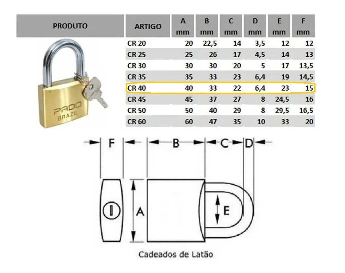 Cadeado Pado Latão Lt 40 Mm 2 Chaves Maciço Não Enferruja - 2