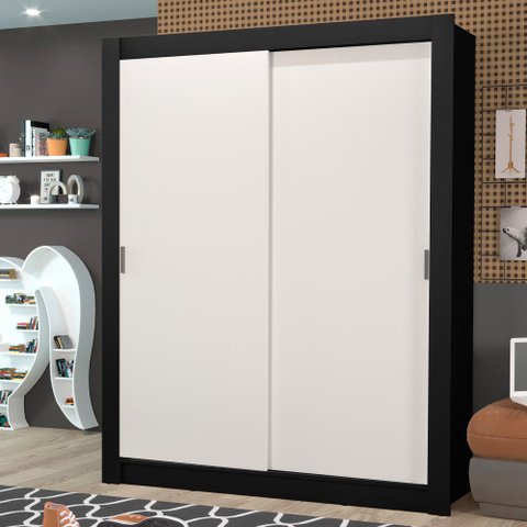 Guarda-Roupa Solteiro Madesa Dallas Plus 2 Portas de Correr 4 Gavetas Preto/Branco Cor:Preto/Branco