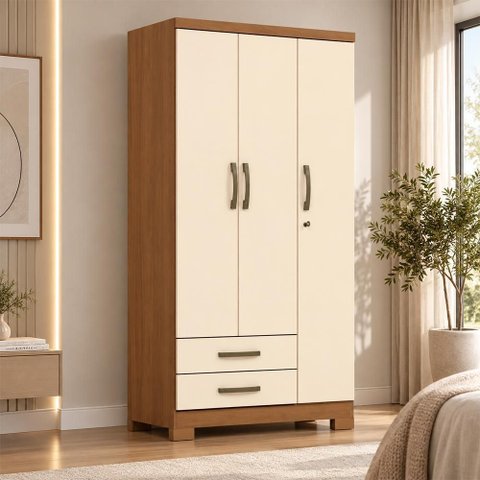Guarda Roupa Solteiro Açaí 3 Portas e 2 Gavetas Cinamomo/Off White - Móveis Henn