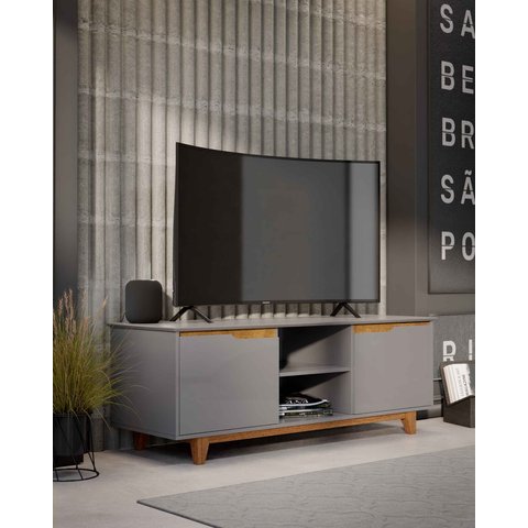 Rack Bancada Flow para Tv 146 Cm 2 Portas com Pés de Madeira Cinza com Freijó - Rede Móveis