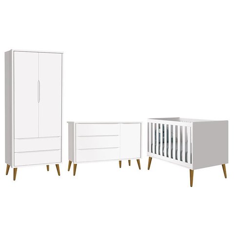 Dormitório Infantil Theo Retrô 2 Portas, Cômoda 1 Porta e Berço Branco com Pés Amadeirado - Reller M
