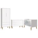 Ver imagem 1 de Dormitório Infantil Theo Retrô 2 Portas, Cômoda 1 Porta e Berço Branco com Pés Amadeirado - Reller M