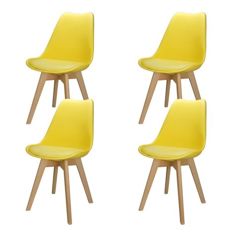 Kit 4 Cadeiras Charles Eames Leda Design Wood Estofada Base Madeira - Amarela