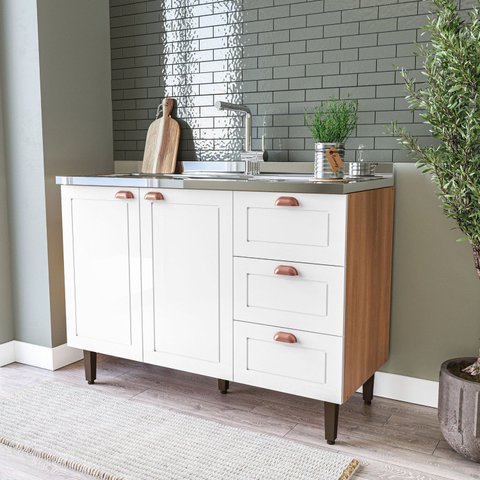 Balcão 2 Portas 3 Gavetas 120 cm Pérola Yescasa Branco/Freijó