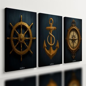 Kit3 Quadro Decorativo Marítimo Barco Ancora Bussola Veleiro Qualidade Premium Luxo 40x28cm