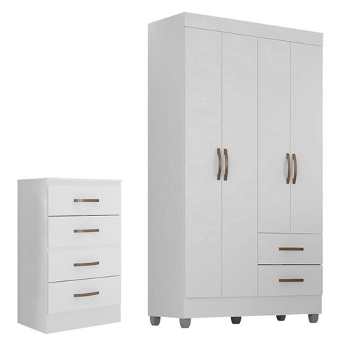 Kit Guarda-roupa Solteiro 4 Portas e Cômoda 4 Gavetas Lisa Branco