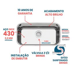 Cuba Pia Numero 2 Cozinha Inox Robust As Pesada 0,6 56x34x17 - 2