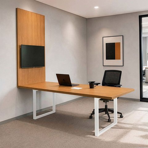 Conjunto Mesa de Reunião 200cm com Painel de TV MDF Freijó Branco