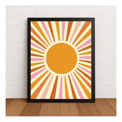 Quadro Ilustração Sol Radiante Minimalista 33x24cm c/ Vidro Preto