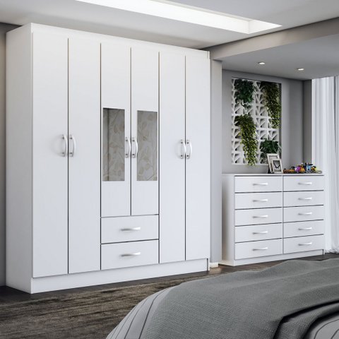 Guarda-roupa Casal Melanie 6 Portas 2 Gavetas e Espelho com Cômoda 10 Gavetas Branco - Panorama Móve