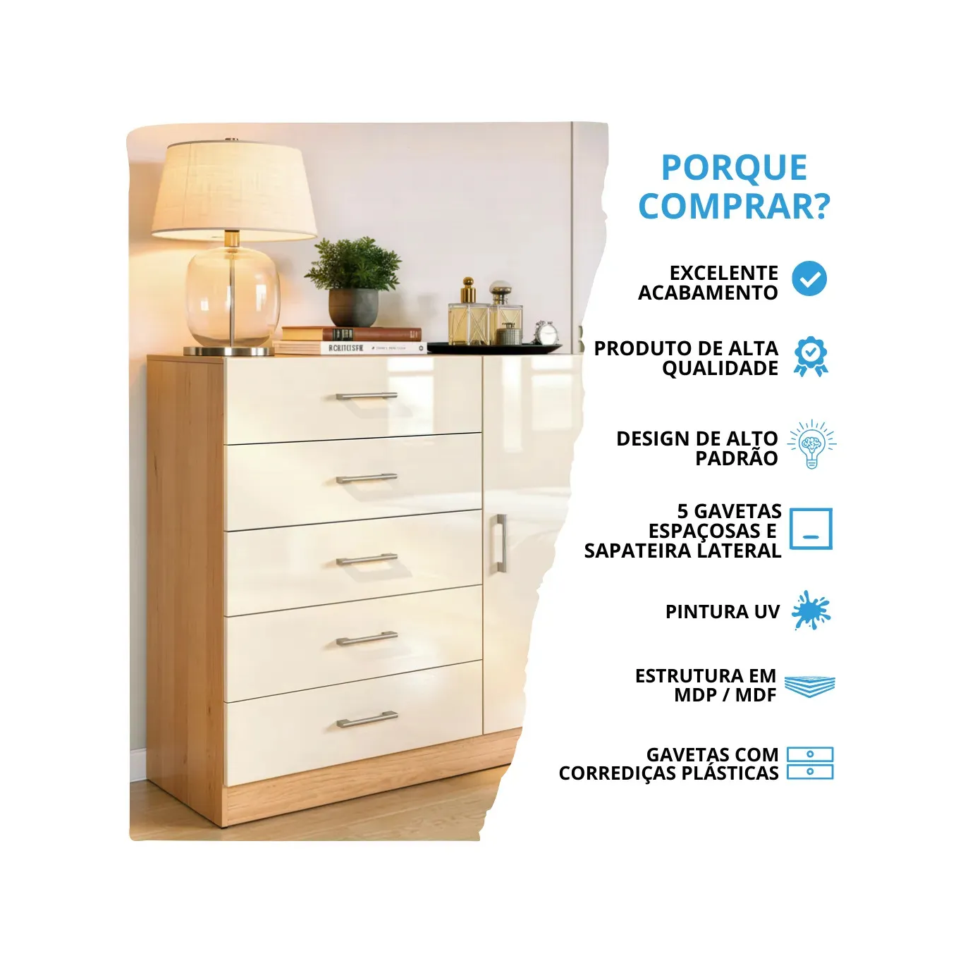 Cômoda 5 Gavetas 1 Porta 90cm Miami CO901 Cor Cinamomo/Off White