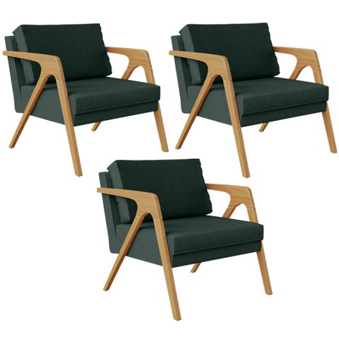 Kit 3 Poltronas Decorativa para Sala Pietra Estrutura de Madeira L02 Linho Verde Musgo - Lyam