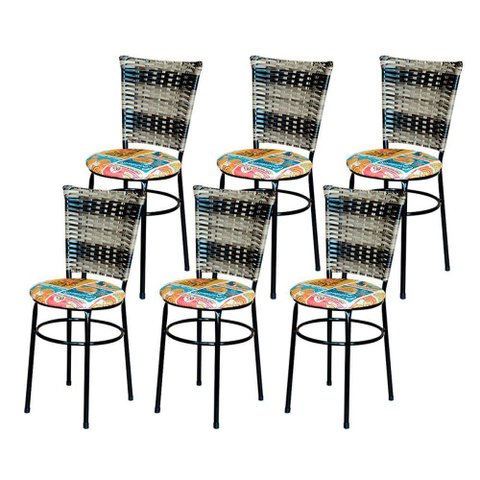 6 Cadeiras para Cozinha Preta Hawai Cappuccino Premium Assento Floral Cor:happy Hour