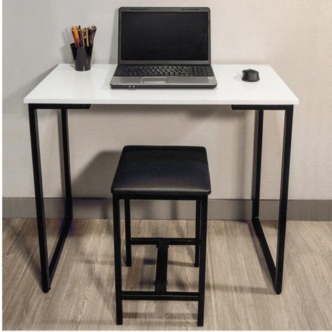 Escrivaninha Mesa Escritório com Banco Slim 90cm Industrial Yescasa Branco E Preto