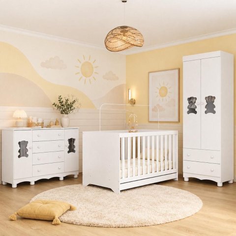 Quarto de Bebê Completo com Berço Americano 3 em 1 Flor Multimóveis MP4918 Branco