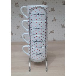 Kit Jogo 4 Xicaras Café Chá Hotel 200ml Empilháveis com Suporte - Poá Coração Frases - 2
