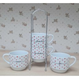 Kit Jogo 4 Xicaras Café Chá Hotel 200ml Empilháveis com Suporte - Poá Coração Frases - 3